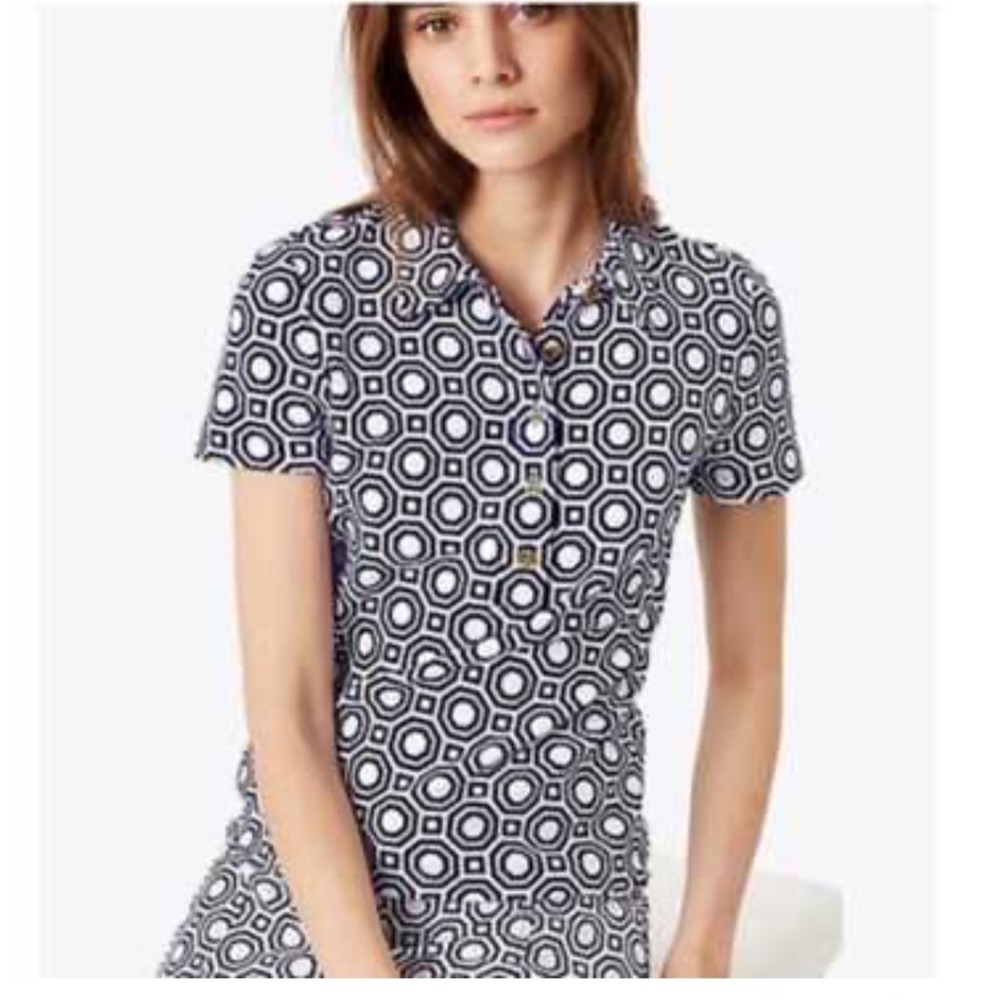 Tory Burch Navy White Geometric Tile Print Terry Polo Shirt Gold Logo Buttons S